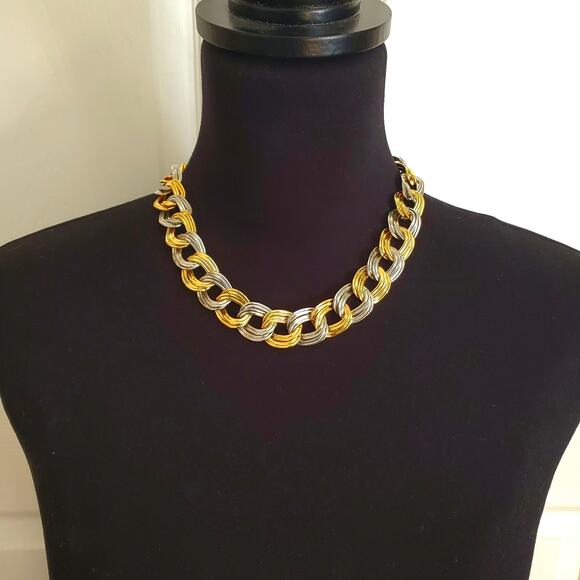 Gold & Silver Tone Necklace Bracelet Set Chunky Chain Polished Mixed Metal Retro - Picture 8 of 9